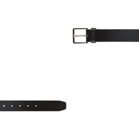 Boss Black Casual black leather belt with gunmetal square buckle, shown flat with textured surface detail, reverse side below.