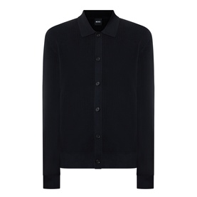 Boss Black Casual Laconico Knitted Polo Cardigan in black with button front fastening, polo collar, long sleeves, and ribbed trims