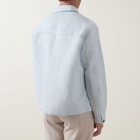 Model wearing Boss Black Casual Open Blue lyocell-linen casual jacket, rear view, styled with stone chinos