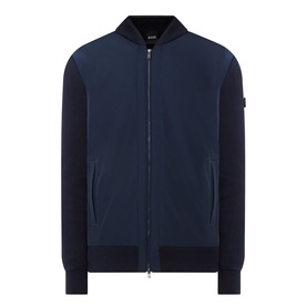 Boss Black Casual dark blue casual jacket with zip front, contrast knit sleeves and collar, ribbed cuffs and hem, arm badge detail