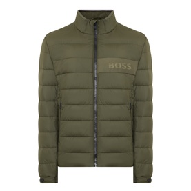 Boss Black Casual Open Green quilted casual jacket with funnel neck, zip fastening, and tonal logo chest detail.