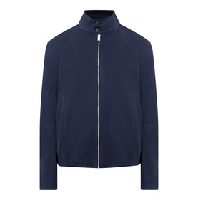 Navy zip-through bomber jacket with funnel neck, silver-tone zip, and clean minimal finish