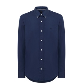 Boss Black Casual Roan Logo Shirt in dark blue, button-down collar, long sleeves, front button fastening, embroidered logo, curved hem