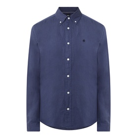 Boss Black Casual Liam Logo Linen Shirt in dark blue with button-down collar, long sleeves, chest logo embroidery, and curved hemline.