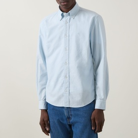 Model wearing Boss Black Casual Open Blue cotton casual shirt with button-down collar, styled with blue jeans.