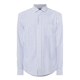 Boss Black Casual Rob Striped Shirt in dark blue, point collar, long sleeves, buttoned cuffs, chest patch pocket, curved hem