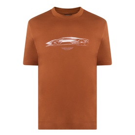 Boss Black Casual medium brown cotton crew neck T-shirt with white Aston Martin car sketch and logo graphic print on chest