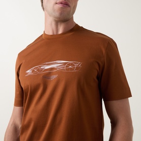 Model wearing Boss Black Casual medium brown crew neck T-shirt with white sports car graphic print on chest.