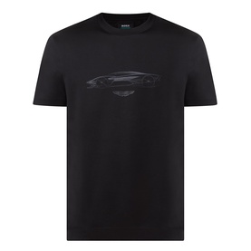 Boss Black Casual Taut Logo T-Shirt in black with tonal car graphic print, crew neck, short sleeves, and straight hem