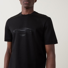 Model wearing Boss Black Casual Taut Logo T-Shirt in black with tonal car graphic print on chest, crew neck, short sleeves