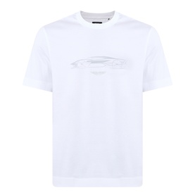 Boss Black Casual Taut Logo T-Shirt in white, crew neck, short sleeves, with tonal car graphic print on chest