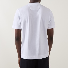 Model wearing Boss Black Casual Taut Logo T-Shirt in white, rear view showing crew neck, short sleeves and straight hemline.