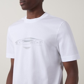 Model wearing Boss Black Casual Taut Logo T-Shirt in white with tonal car graphic print on chest, crew neck, short sleeves