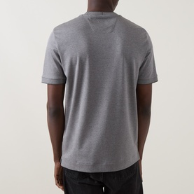 Model wearing Boss Black Casual Thompson Logo T-Shirt in Open Grey, back view showing crew neck, short sleeves and straight hem.