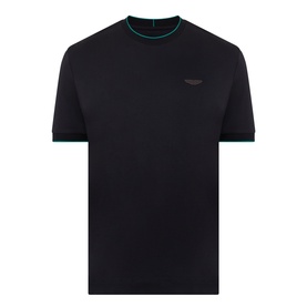 Boss Black Casual Thompson Logo T-Shirt in black with crew neck, short sleeves, green contrast tipping on cuffs and collar, tonal chest logo