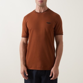 Model wearing Boss Black Casual medium brown cotton crew neck T-shirt with contrast tipping and small logo at chest