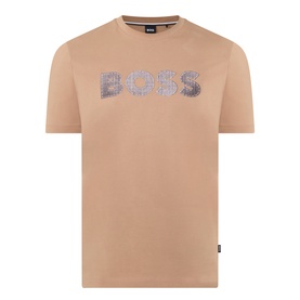 Boss Black Casual C-Thompson Logo T-Shirt in medium beige, crew neck, short sleeves, with textured BOSS logo graphic print on chest