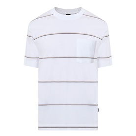 Boss Black Casual Tigerman Stripe T-Shirt in white with multicolour horizontal stripes, chest pocket, and branded side seam tab