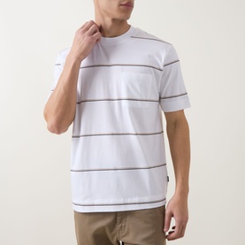 Model wearing Boss Black Casual Tigerman Stripe T-Shirt in white with horizontal stripes, crew neck, short sleeves and chest pocket, styled with