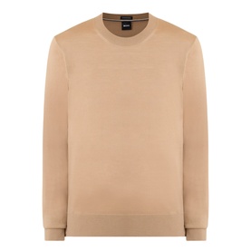 Boss Black Casual Leno Knitted Sweater in medium beige, crew neck, long sleeves, ribbed trims, fine-knit construction, logo tag detail