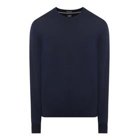 Boss Black Casual Leno Knitted Sweater in dark blue, crew neckline, long sleeves, ribbed trims, straight hem, 100% virgin wool