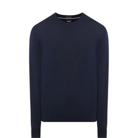 Boss Black Casual Leno Knitted Sweater in dark blue, crew neckline, long sleeves, ribbed trims, straight hem, 100% virgin wool