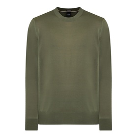 Boss Black Casual Leno Knitted Sweater in Open Green, crew neck, fine-knit virgin wool, ribbed trims and long sleeves