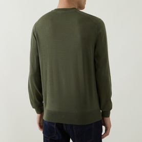 Model wearing Boss Black Casual Leno Knitted Sweater in Open Green, rear view, crew neck, fine-knit wool, ribbed trims, styled with dark jeans