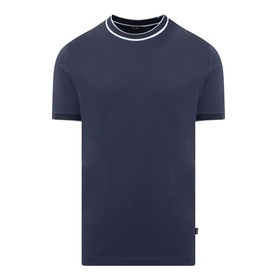 Boss Black Casual Thompson Tipped T-Shirt in dark blue, crew neck with contrast white tipping, short sleeves, straight hem, small logo tab detail.