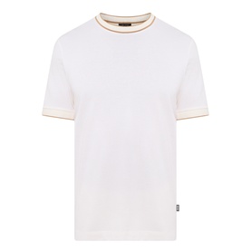Boss Black Casual Thompson Tipped T-Shirt in Open White, crew neck with tipped trims, short sleeves, logo tab detail, 100% cotton