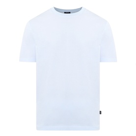 Boss Black Casual Open Blue 100% cotton crew neck T-shirt with small logo tab at hem, flat-lay view