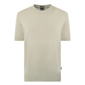 Boss Black Casual Umauro Knitted Sweater in Dark Beige, crew neck, short sleeves, ribbed trims, 100% virgin wool