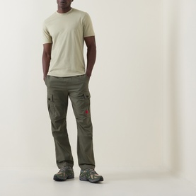 Model wearing Boss Black Casual Thompson Logo T-Shirt in Dark Beige, styled with olive cargo trousers and grey trail trainers