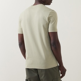 Model wearing Boss Black Casual Thompson Logo T-Shirt in dark beige, rear view, crew neck, short sleeves, styled with khaki cargo shorts