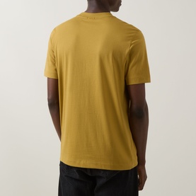 Model wearing Boss Black Casual gold crew neck T-shirt, rear view, styled with black trousers
