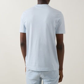 Model wearing Boss Black Casual Open Blue crew neck cotton T-shirt, back view, styled with light blue shorts.