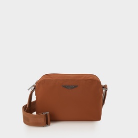 Boss Black Casual medium brown polyamide crossbody bag with silver-tone zip hardware, logo badge, and wide fabric shoulder strap