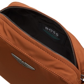 Boss Black Casual medium brown crossbody bag, open to show interior, with silver wing logo badge and zip closure