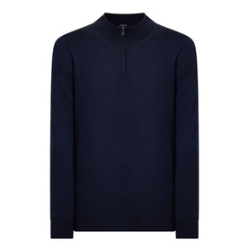 Boss Black Casual Benji Half-Zip Sweater in dark blue, high neck, half-zip fastening, long sleeves, ribbed trims, 100% virgin wool