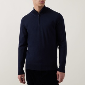 Model wearing Boss Black Casual Benji Half-Zip Sweater in dark blue, featuring high neck, half-zip fastening and ribbed trims
