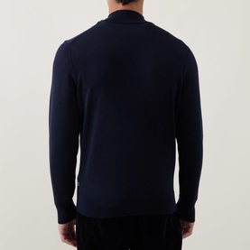 Model wearing Boss Black Casual Benji Half-Zip Sweater in dark blue, rear view, showing ribbed trims and knit structure