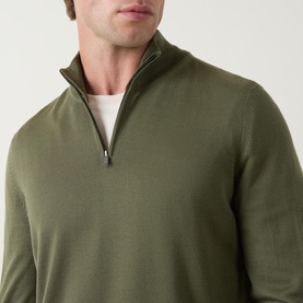 Model wearing Boss Black Casual Ebenji Half-Zip Sweater in Open Green, wool knit with funnel neck and half-zip, styled over white crew neck tee