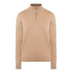 Boss Black Casual Benji Half-Zip Sweater in medium beige, 100% virgin wool, ribbed trims, high neckline with silver half-zip fastening