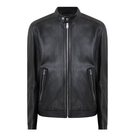 Boss Black Casual black lamb leather jacket with zip front, ribbed collar, and zip pockets