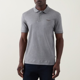 Model wearing Boss Black Casual Parlay Logo Polo Shirt in Open Grey with concealed placket, ribbed cuffs and chest logo detail