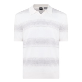 Boss Black Casual C-Lamoroso Striped Knitted Polo Shirt in Open White, open placket, faded stripe pattern, short sleeves, straight hem