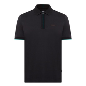 Boss Black Casual black cotton polo shirt with zip collar and contrast teal and red cuff trim, short sleeves