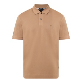 Model wearing BOSS camel short-sleeve polo shirt with three-button placket and embroidered chest logo