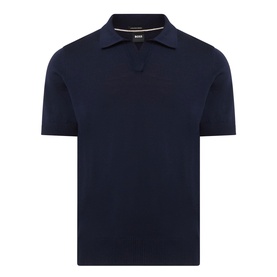 Boss Black Casual dark blue 100% virgin wool knit polo shirt with open collar and short sleeves