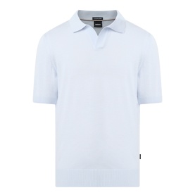Boss Black Casual H Lantoni Logo Polo Sweater in Open Blue, fine-knit virgin wool, polo collar, short sleeves, ribbed trims and logo tab